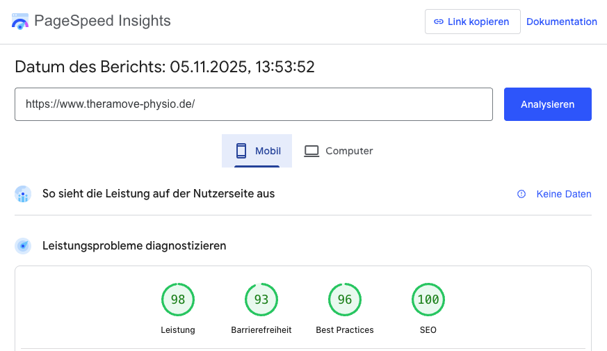 Ladezeit Mobil Pagespeed Insights Google TheraMove
